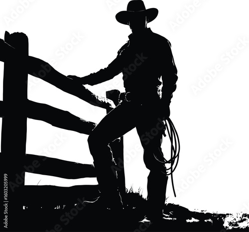 Black-and-White Vector Illustration of Cowboy Leaning on Fence – 1-Item Western Silhouette