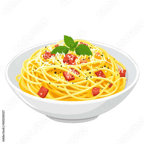 Creamy Italian Spaghetti Carbonara Dish In White Plate