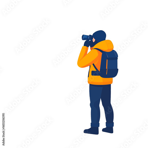 Man In Orange Jacket With Backpack Taking Photo
