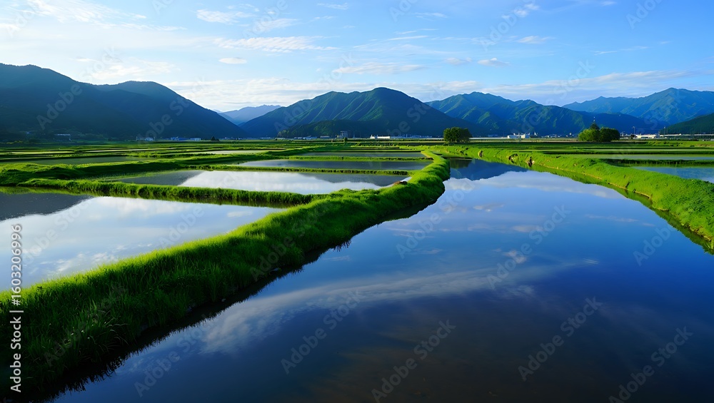 Serene mountain landscape with reflective rice terraces under a blue sky Serene mountain landscape with reflective rice terraces under a blue sky