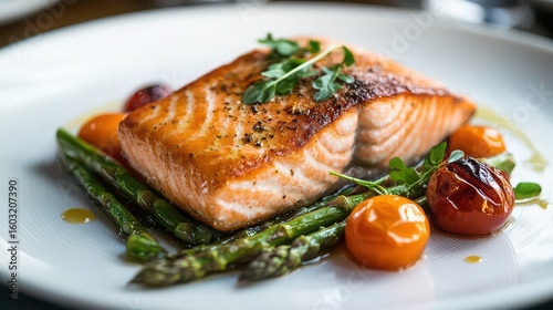A close up of salmon fillet served with asparagus and cherry tomatoes on a white plate dish