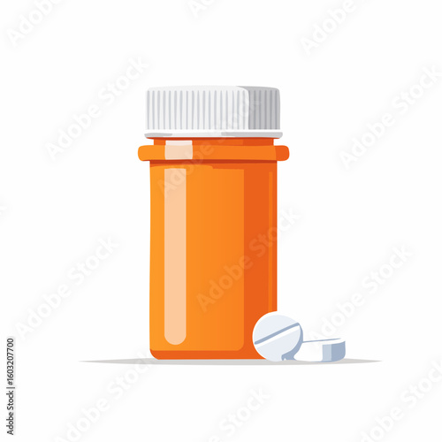 Pill bottle with cap off – Orange medicine bottle with white cap beside it.

