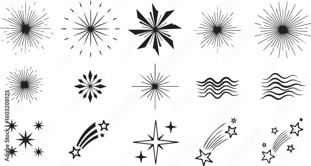 Obraz premium Collection of hand drawn starbursts and sparkles isolated on transparent background