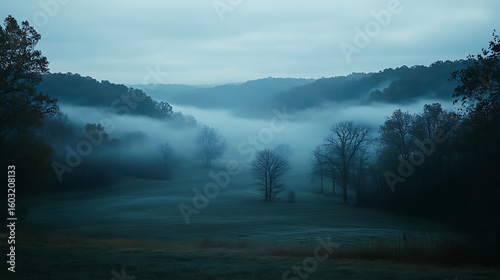 Foggy landscape with bare trees and rolling hills covered in mist, creating calm and mysterious early morning atmosphere