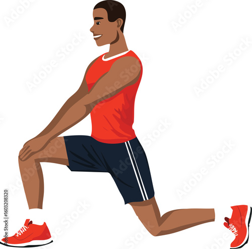 A man in sportswear doing hamstring stretches on a track or grassy area, preparing for workout