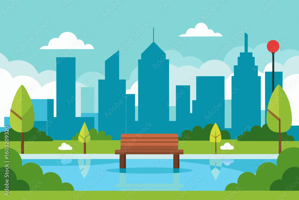Fototapeta premium Peaceful park bench overlooks a serene pond with a city skyline in the background