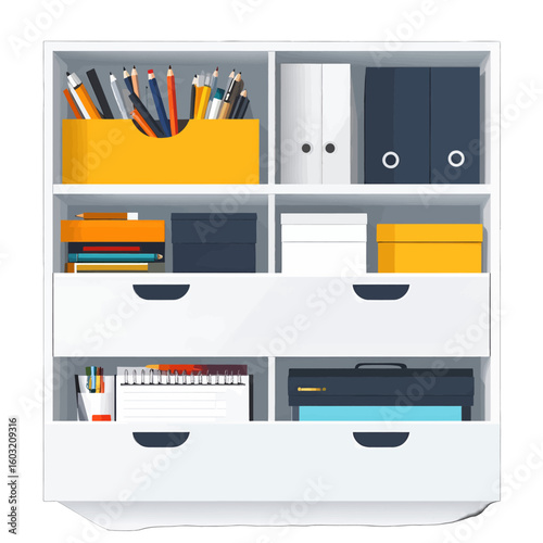 Organized White Office Cabinet With Colorful Supplies