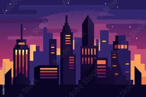 Flat design cityscape silhouette at twilight with warmly lit buildings