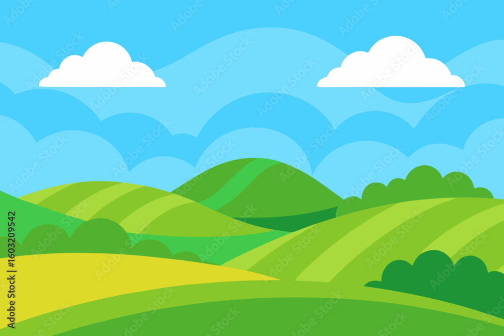 Fototapeta premium Stylized rolling green hills under a blue sky with fluffy clouds