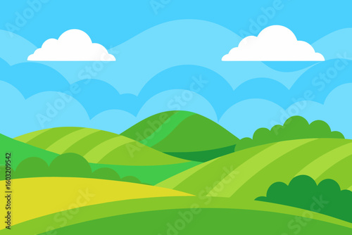 Stylized rolling green hills under a blue sky with fluffy clouds