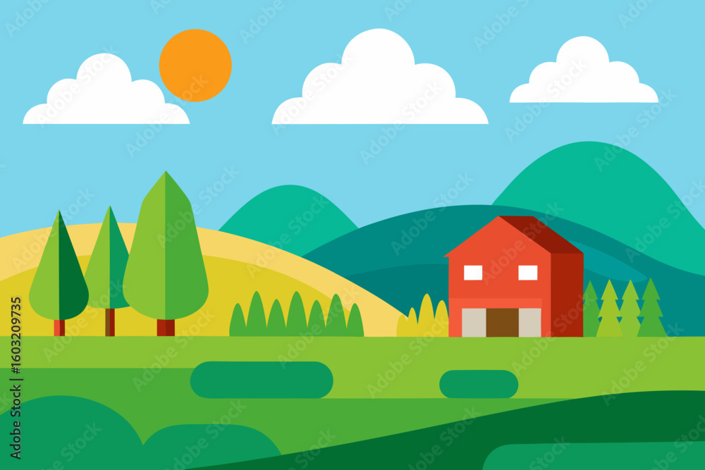 Naklejka premium Flat design illustration of a red house in a green landscape with hills and sun