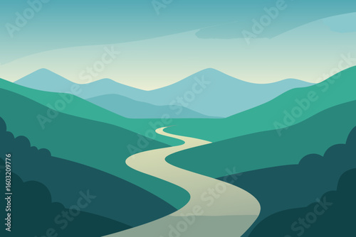 Winding road through rolling green hills and distant blue mountains under a soft sky