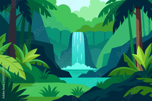 Lush tropical jungle waterfall scene with dense green foliage and palm trees
