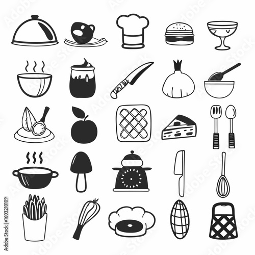 Thirty Two Black and White Hand Drawn Food and Kitchen Utensil Icons on White Background food icons kitchen icons