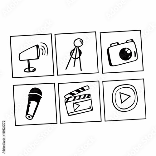 Six Black and White Multimedia and Content Creation Line Icons on White Background video production filmmaking