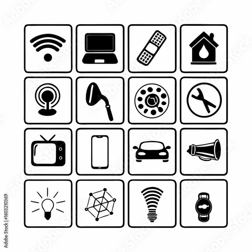 Set of Thirty Two Black Smart Device and Io T Icons on White Background smart device icons IoT icons
