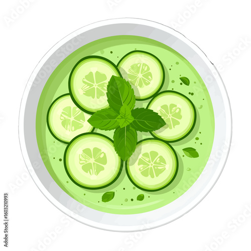 Fresh Cucumber Soup In A White Bowl With Mint