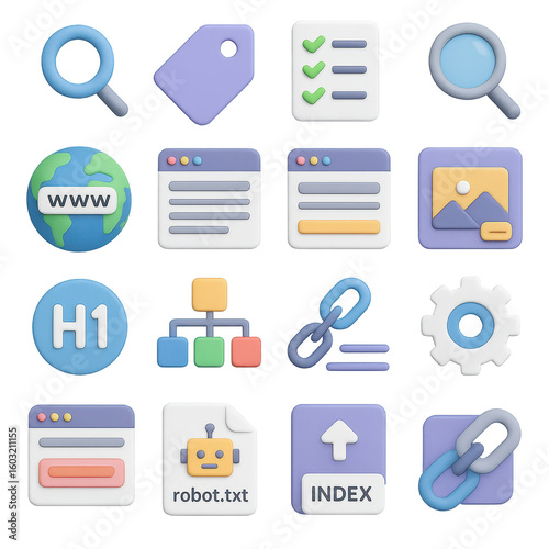 Seo 3d icons set. featuring search, tag, checklist, globe, web page, image, h1, sitemap, link, gear, robot