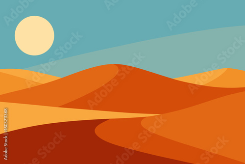 Stylized desert landscape with rolling sand dunes under a pale sun