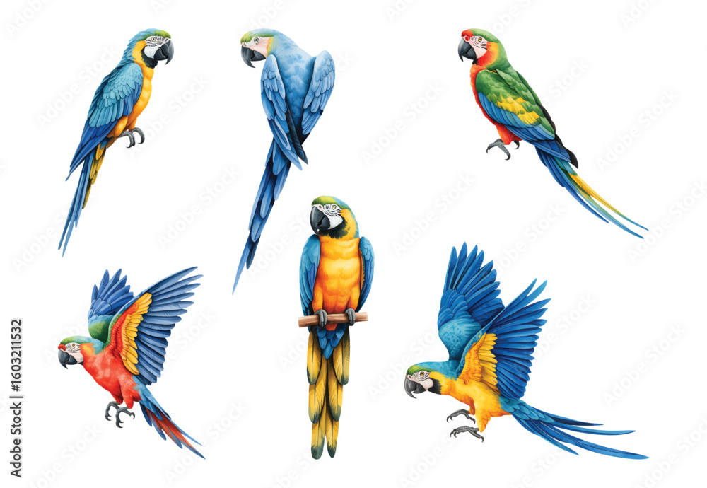 Obraz premium Watercolor illustration set of tropical parrots in flight and perched. 