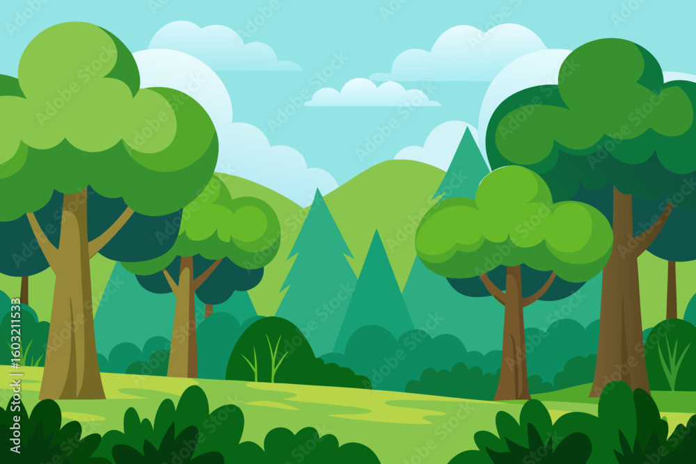 Obraz premium Vibrant cartoon forest landscape with rolling green hills and fluffy clouds