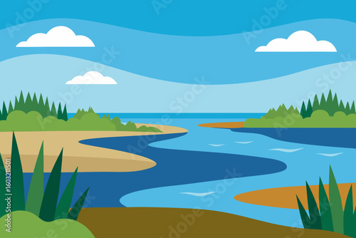 Stylized flat design landscape with a winding river flowing through green hills and sandy shores