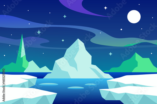 Stylized arctic landscape under a starry night sky with aurora borealis