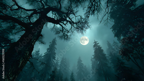 Fototapeta Naklejka Na Ścianę i Meble -  Bloody moon above spooky trees in foggy forest at night, horror themed background
