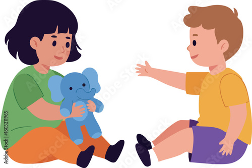 Children playing together with blue teddy bear in colorful casual clothes vector illustration
