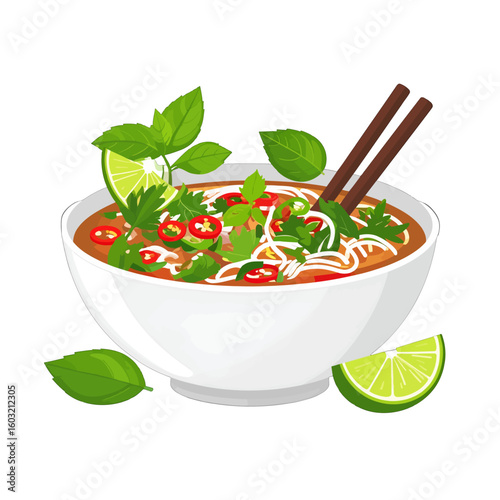 Delicious Vietnamese Noodle Soup In White Bowl