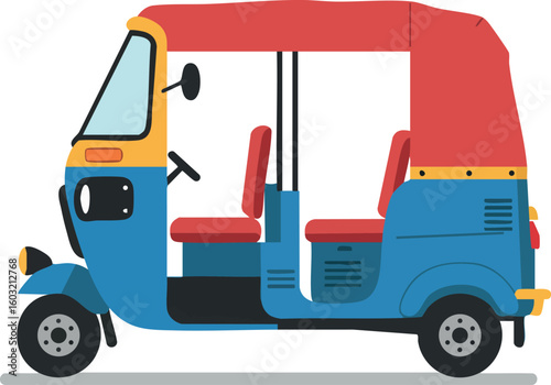 Auto rickshaw three wheeler vehicle with red roof and blue body vector illustration