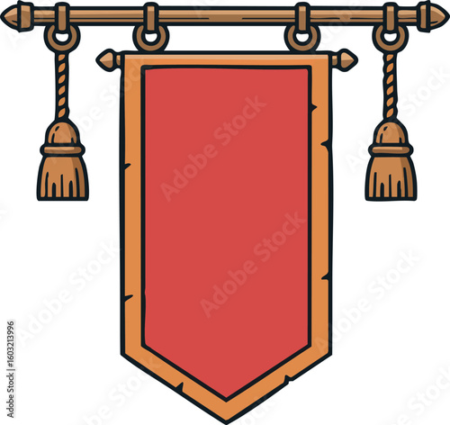 Medieval red banner hanging from wooden rod with tassels vector illustration