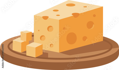 Cheese block with holes and cubes on wooden plate vector illustration in yellow tones