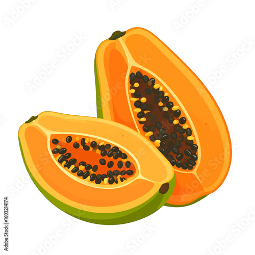 Two Slices Of Papaya With Seeds On White Background