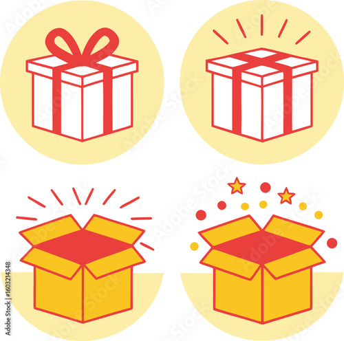 Four simple graphic icons of red and white gift boxes and open yellow boxes with red interiors