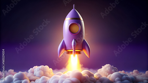 A vibrant purple rocket blasts off into the night sky, surrounded by clouds and emitting a trail of fiery orange exhaust