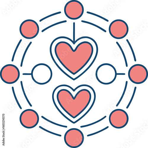 Two coral hearts connected by dark blue lines to surrounding circles love connection