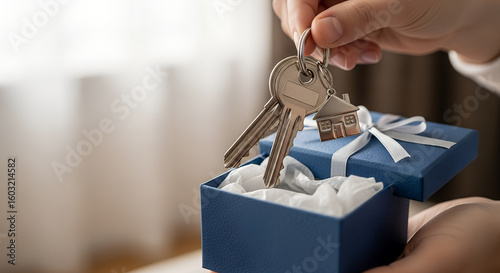 Hand holding house keys with a small house keychain over a blue gift box. Concept of new home, housewarming gift, real estate surprise, or home ownership celebration.