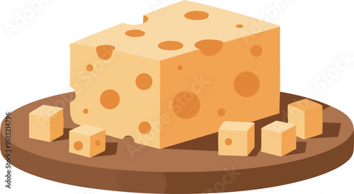 Cheese block with small cubes on wooden cutting board vector illustration