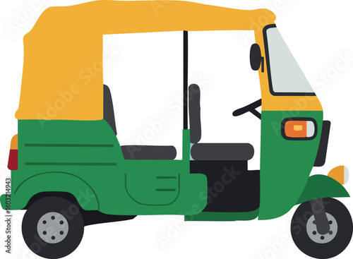Auto Rickshaw with Yellow Roof and Green Body Vector Illustration Flat Design