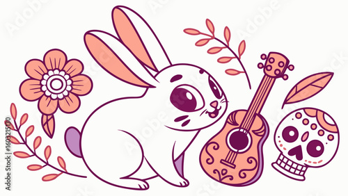 An adorable Bunny with a Happy vibe and a Day of the Dead Dia de los Muertos theme – SVG style
