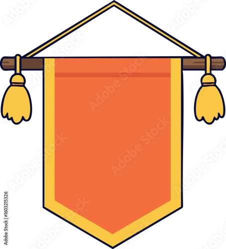 Hanging orange and yellow pennant banner decoration vector illustration with tassels and string