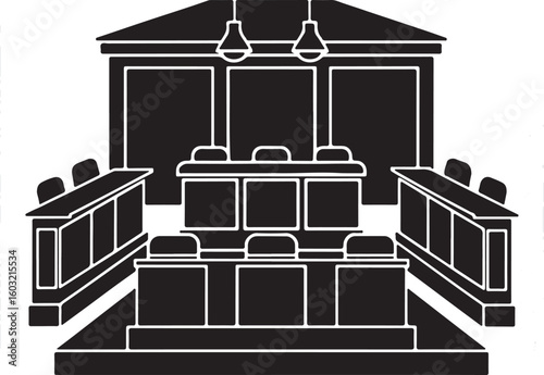 Stylized black and white illustration of a courtroom with judge s bench witness stand and jury box