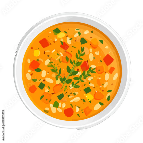 Top View Of Colorful Vegetable Soup In White Bowl