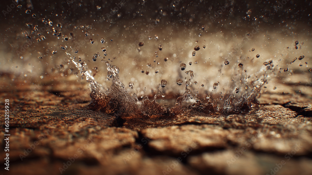 Obraz premium Rain impact water droplet splashing on dry earth natural environment close-up view abstract concept