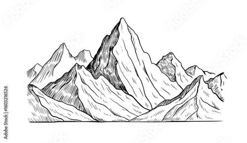 Jagged peaks sketched mountain range black ink mountains drawing