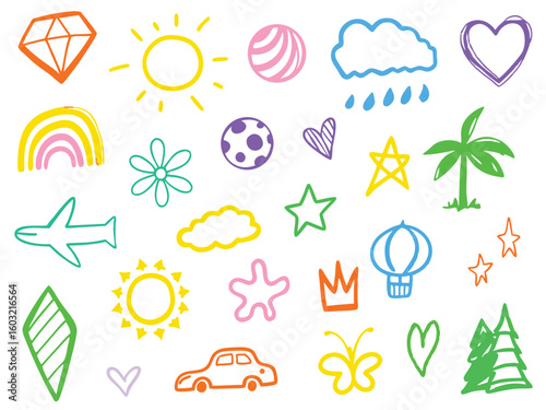 Colorful summer icons set with sun cloud rain wind flower tree nature symbols for design vector collection