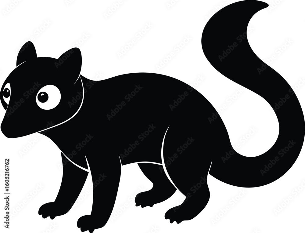 Fototapeta premium A black and white drawing of a black cat with a black tail