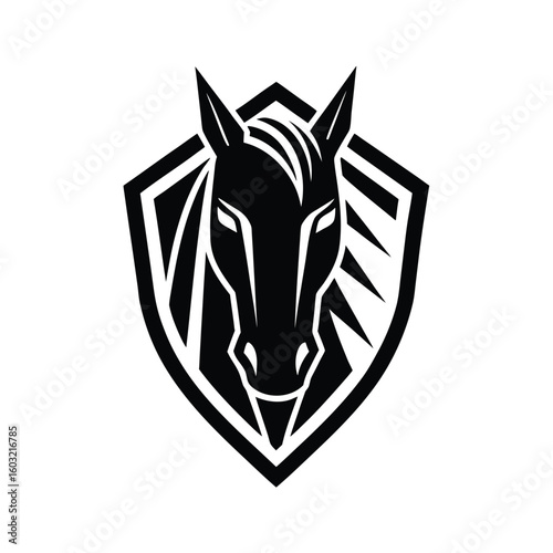 Minimalist horse head logo inside a shield shape animal