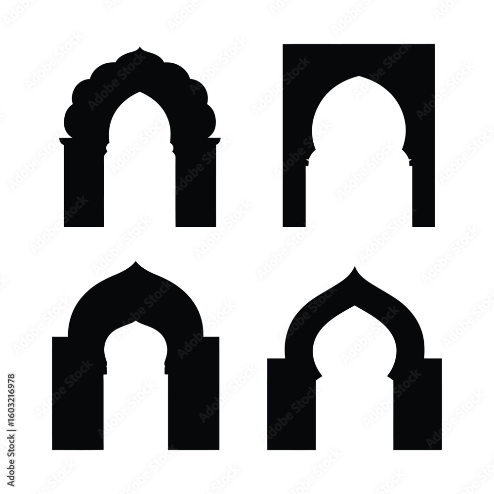 Fototapeta premium Islamic Architecture Arch Silhouettes Vector Mosque Archways and Traditional Islamic Art for Design Projects on White Background